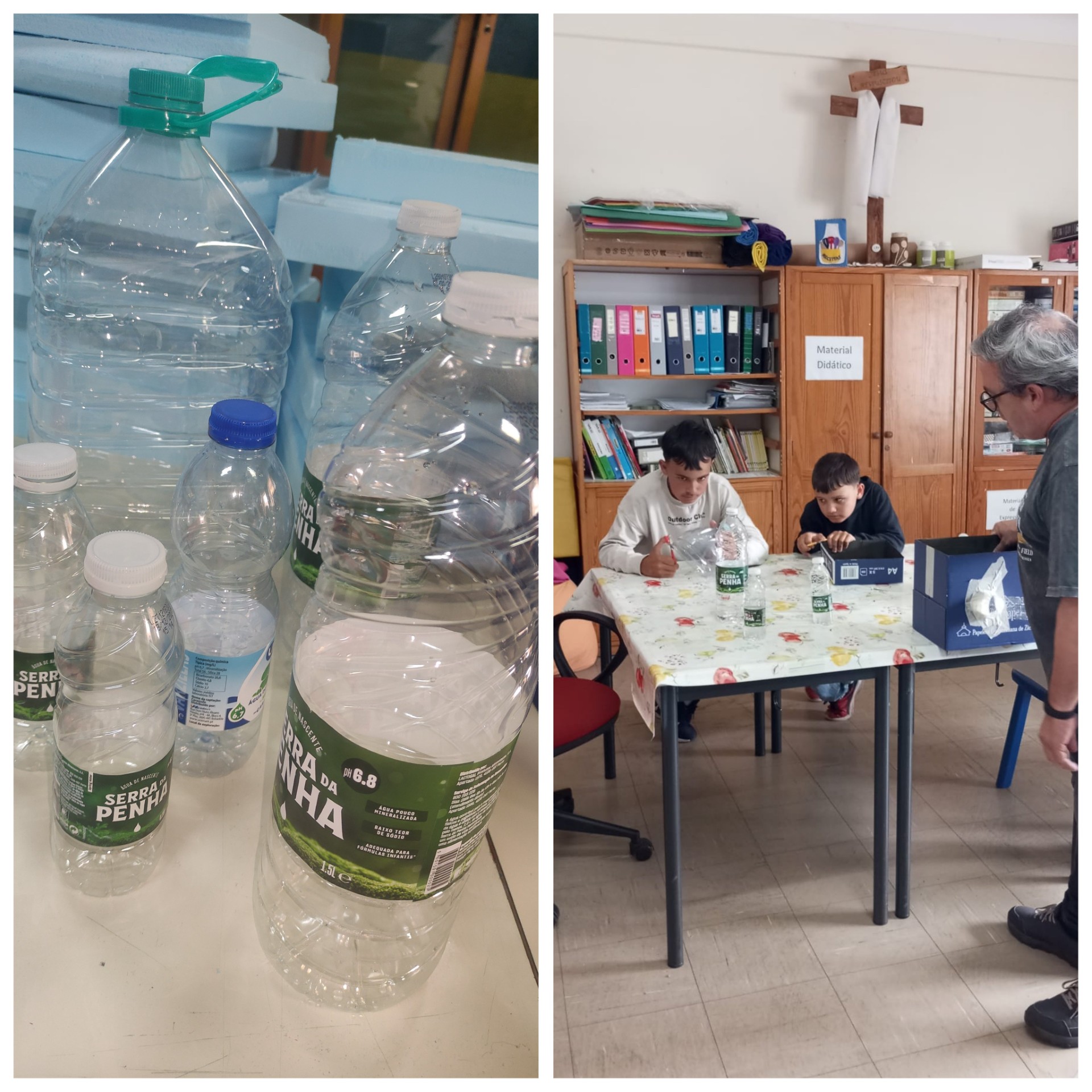 Recolha dos materiais necessários: caixas de papelão e garrafas de plástico.