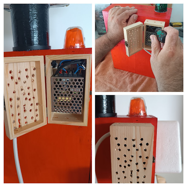 Sistema elétrico<br />
Fonte de alimentação de 12volts, cabo elétrico, ficha macho, sensor foto elétrico, acrílico transparente(materiais retirados de uma máquina de vending velha).