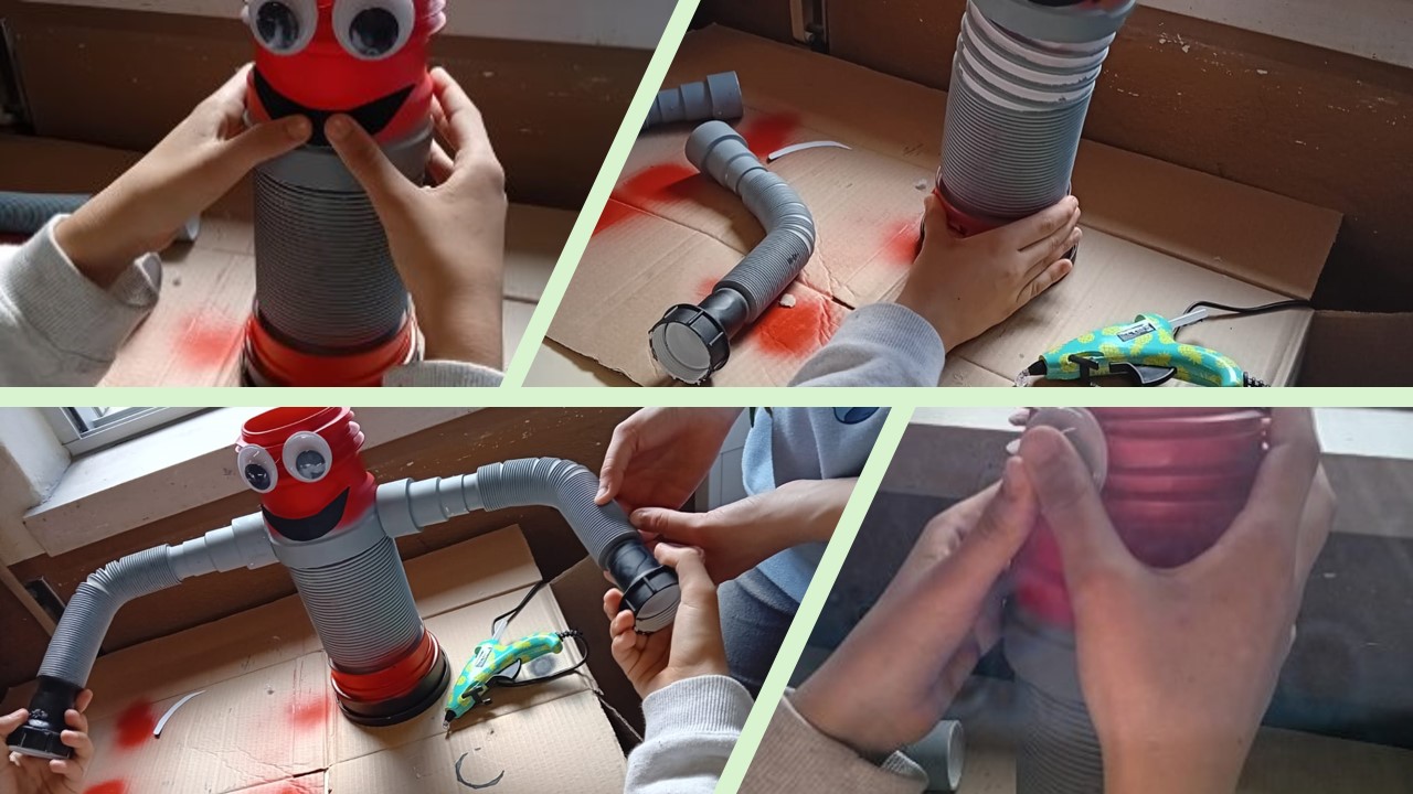 O processo de construção do Traga-Pilhas – Montagem das peças de PVC e pintura da estrutura. Fase avançada com colagens, feltro e estrutura extensível para maior capacidade.
